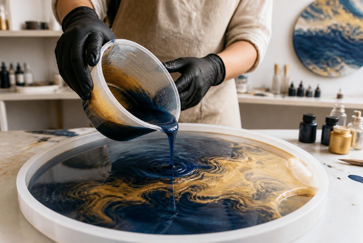 Pigmented resin being poured in the studio